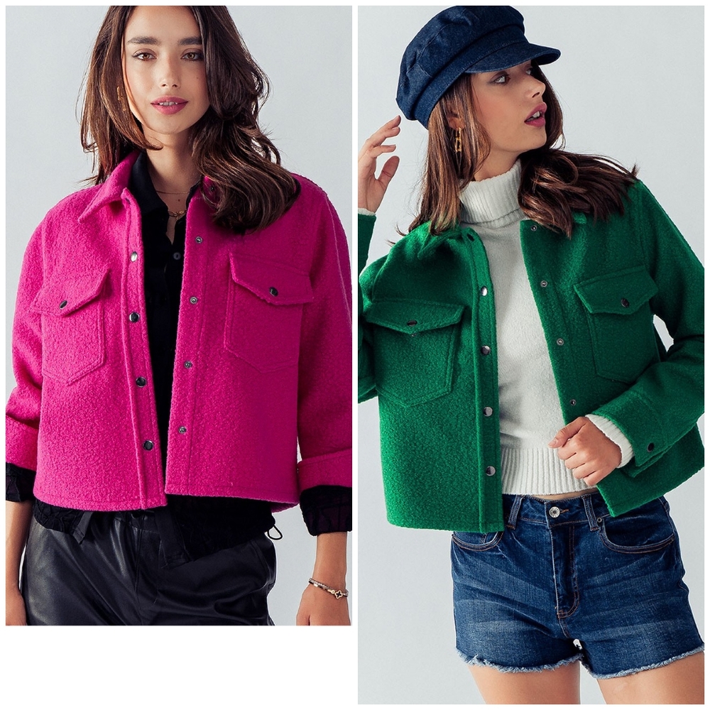 LAST ONE!! Green Curly Sherpa Cropped Shacket - Picture 6 of 7